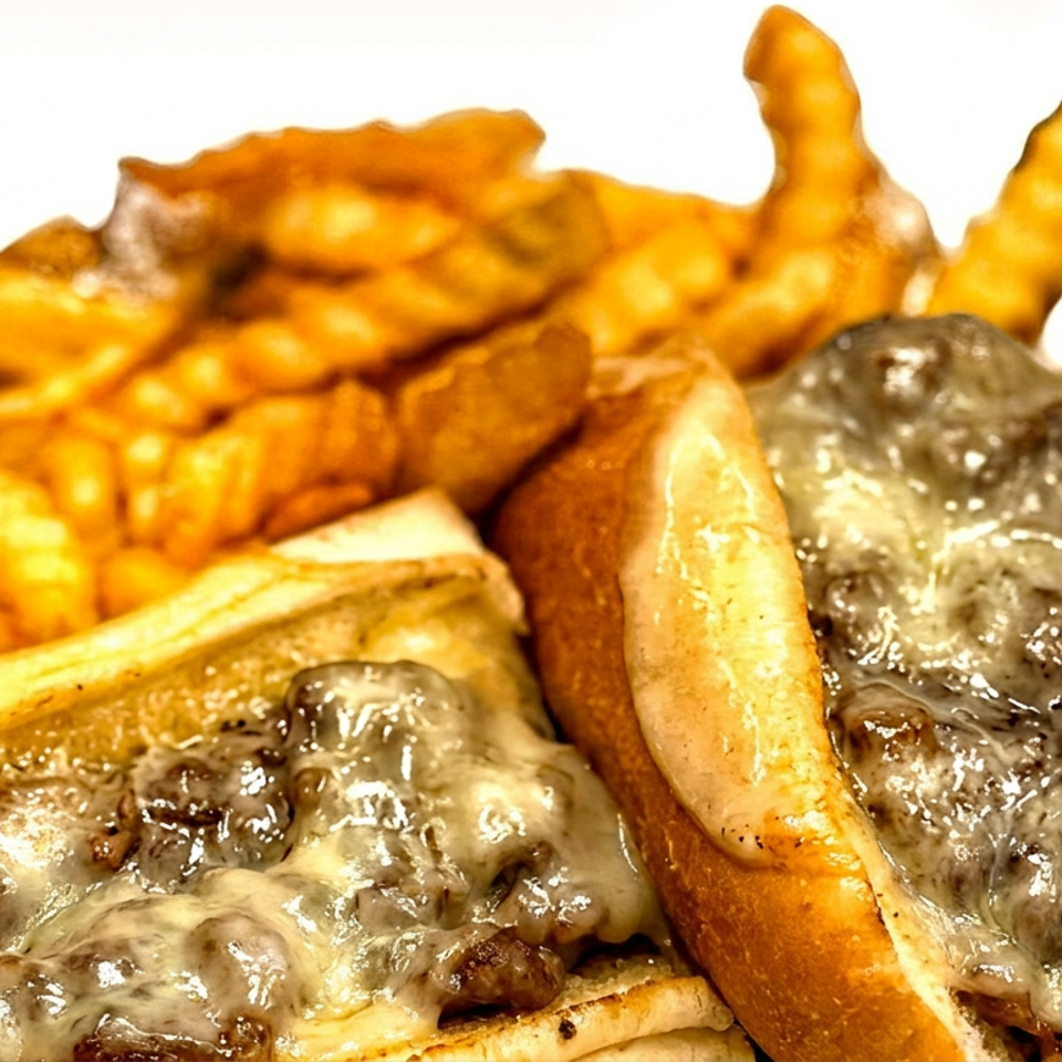 Two cheesy steak sandwiches with crinkle-cut fries on a white background.