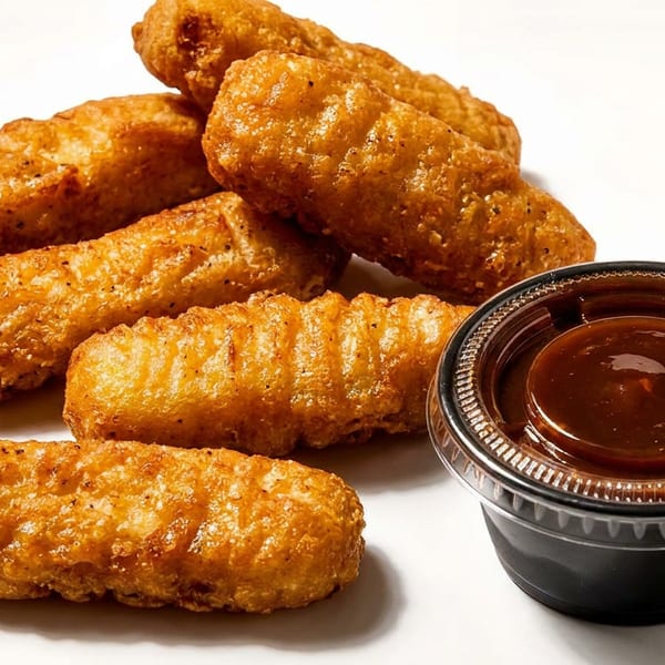 Golden brown fried cheese sticks with a side of dark dipping sauce in a plastic cup.