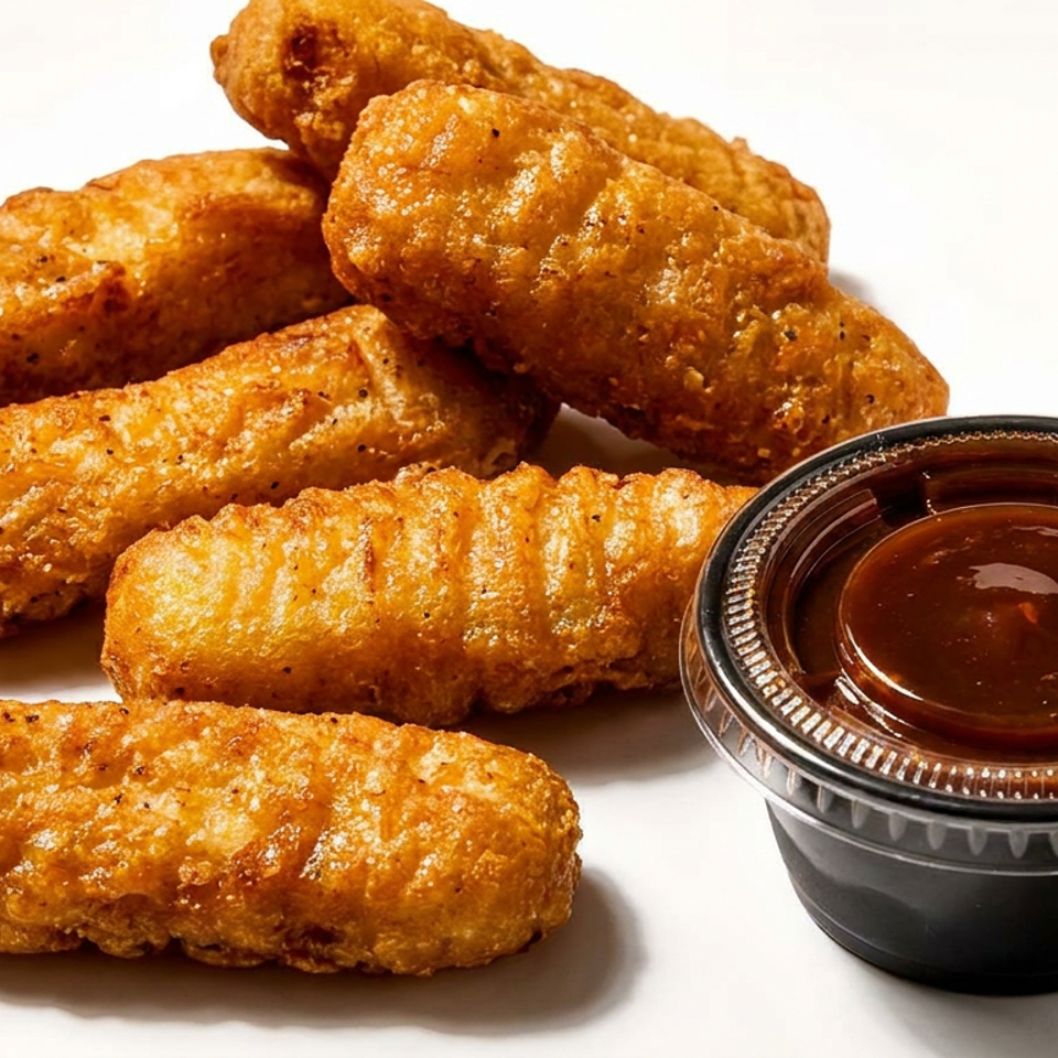 Golden brown fried cheese sticks with a side of dark dipping sauce in a plastic cup.