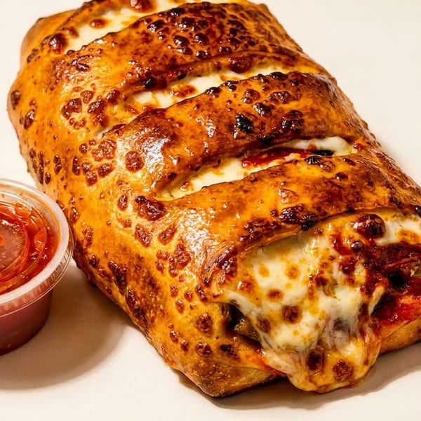 Golden-brown stromboli with melted cheese and a side of marinara sauce on a white surface.