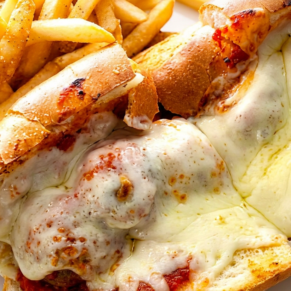 A meatball sub sandwich with melted cheese and marinara sauce, served with a side of french fries.