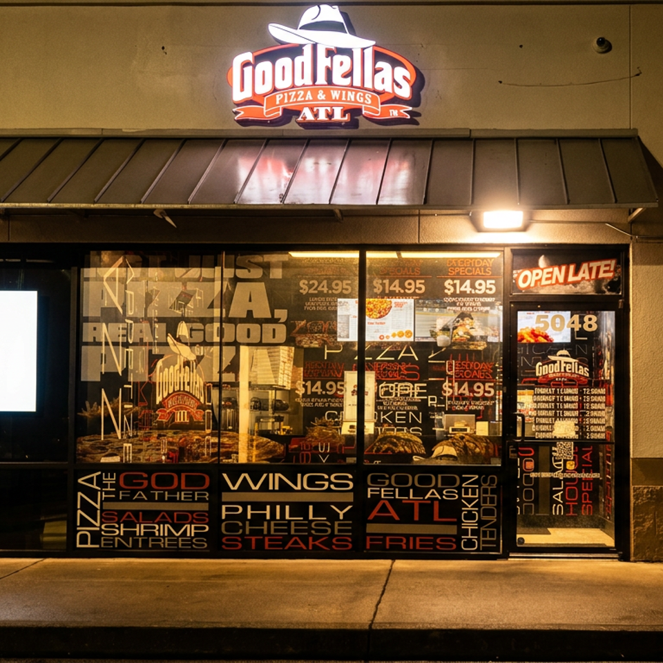 GoodFellas Pizza & Wings ATL storefront at night, with a glowing sign and window advertisements.